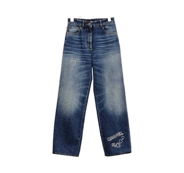 CHANEL Washed Denim Pants with Embroidered Logo 24B CHB071614 151516522 [P]