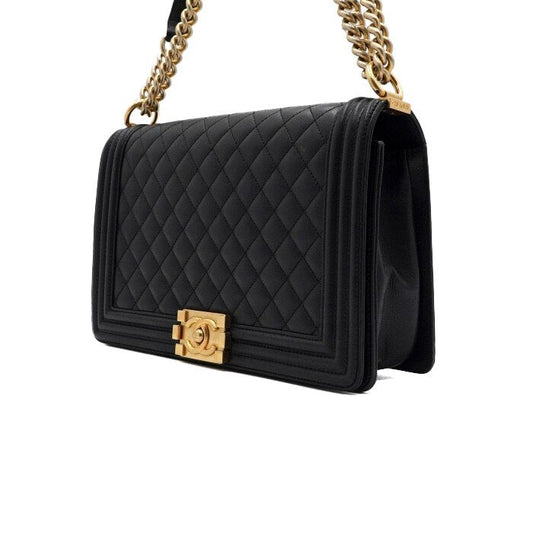 CHANEL Schwarze Lammleder Boy Large Flap Schultertasche mit goldener Kette 92193 157899671 [P]