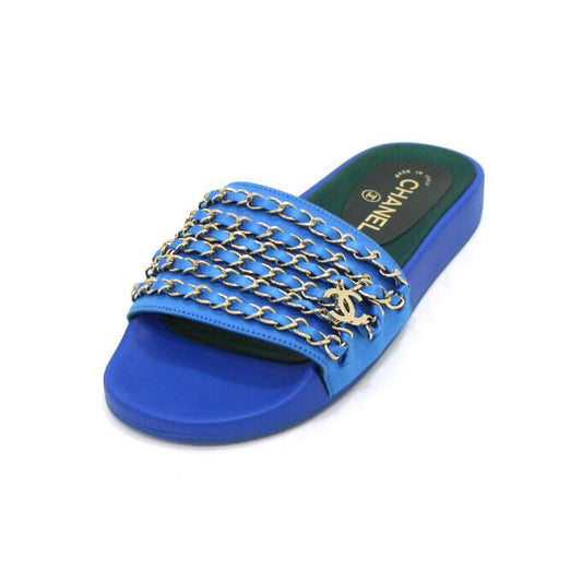 CHANEL G31627 Blue Tropiconique Gold Chain Women Sandal Slipper 65410 157914303 [P]