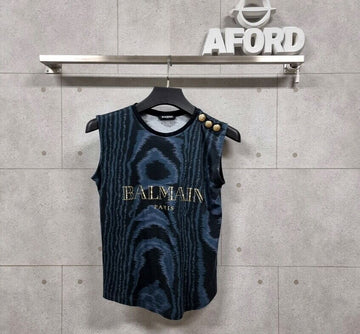 BALMAIN Bedrucktes ärmelloses T-Shirt mit goldfarbenen Knöpfen AFD033636N 48214341 [P]