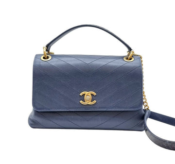CHANEL Chevron Python Top Handle Flap Shoulder Bag Navy CHB090908 151516826 [P]