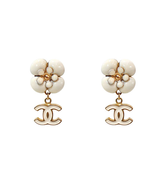 CHANEL White Camellia CC Gold Earrings 63403 157981477 [P]