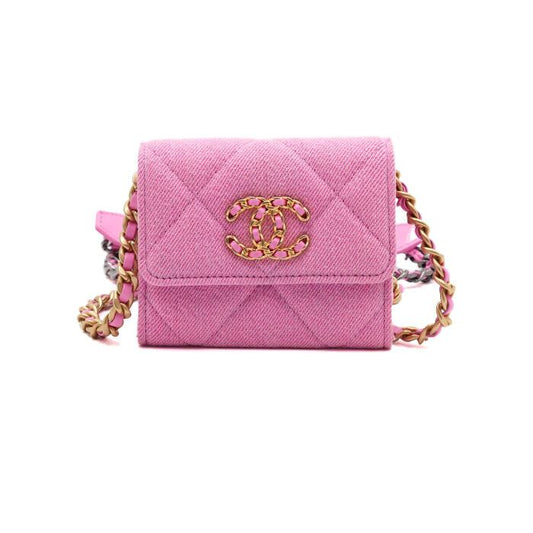 CHANEL ピンクデニム 19 フラップミニカード財布 チェーンクロスバッグ 1787 153689618 [P]