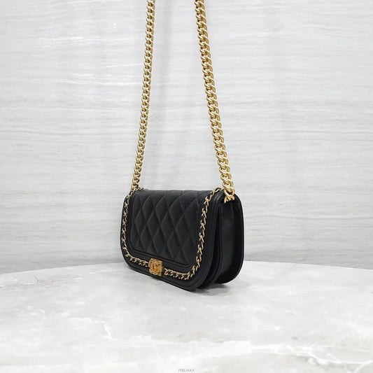 CHANEL Boy WOC Phone Holder Chain Crossbody Bag Caviar Black Gold 158039069 [P]