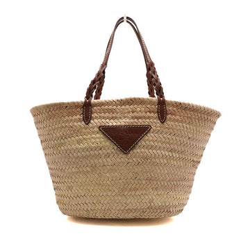 Prada Woven Palm Beige Raffia Rattan Cognac Tote Bag 1BG463 158116308 [P]