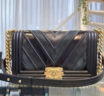 CHANEL Chevron Three-Tone Boy Bag Medium Black Gold 22nd D050601 148576710 [P]