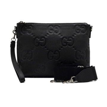 GUCCI ブラックレザー ジャンボGG ミディアム メンズ ストラップ クラッチ / メッセンジャー クロスバッグ 696009 158192740 [P]