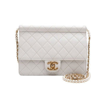 CHANEL White Leather Gold CC Logo Flap Pearl Strap Shoulder Bag and Crossbody AA66046 158406585 [P]