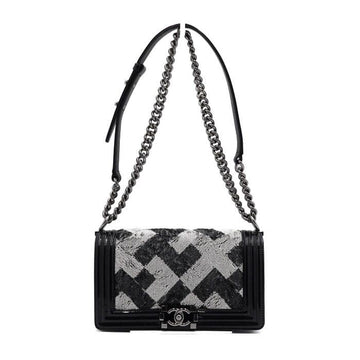 CHANEL Schwarze Lackleder-Sequins Boy Medium Schultertasche mit silberner Kette A90185 158406648 [P]