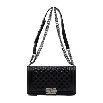 CHANEL Schwarz glänzende Kaviarleder Medium Flap Schultertasche mit Silberkette A67086 158406688 [P]