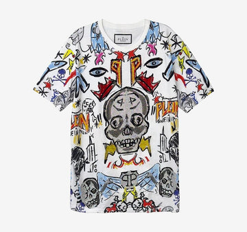PHILIPP PLEIN Grafisches Kristall Rhinestone Skull T-Shirt M Weiß NF7BO7NO 158431240 [P]