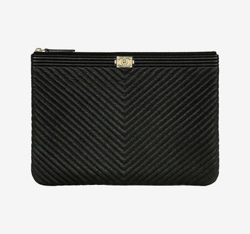 CHANEL Boy New Medium Clutch Chevron Gold Hardware Black 30 Series Caviar A84406 158436777 [P]