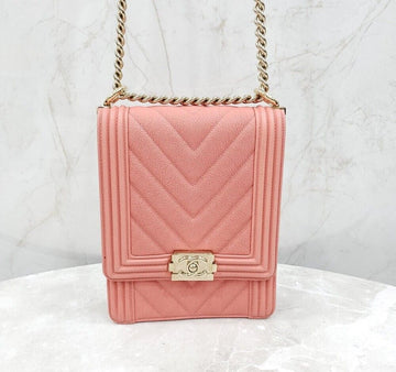 CHANEL Chevron Boy Satchel Bag Coral Pink Champagne Gold Caviar 30 Series 139482915 [P]