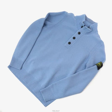 STONE ISLAND ワッペンパッチ 半オープン ボタン ジップ ウール ニット ブルー M 7715540A 158530922 [P]