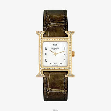 Hermes 18k Hour 18K Rose Gold Bezel Diamond Gray Elephant Alligator Strap ADARRPEQ 158597416 [P]