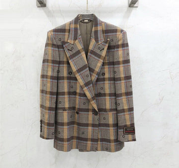 Gucci Embroidered Pattern Brown Check Double Jacket 132452623 [P]