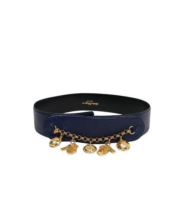SALVATORE FERRAGAMO Navy Gold Chain Pendant Belt 2800 158614074 [P]
