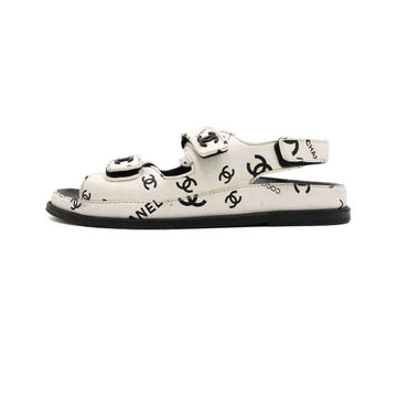 CHANEL White Leather Black Multi CC Print Velcro Women's Sandals G35927 153485549 [P]