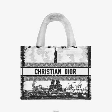 Dior Unused M1296ZEGG Paris Embroidery Book Tote Medium Tote Bag White Black 9URW9B1Z 158657459 [P]