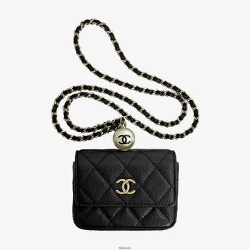 CHANEL キャビア フラップ ゴールドパール チェーンネックレス カード財布 ブラック 31番 F31NXTQQ 158657574 [P]