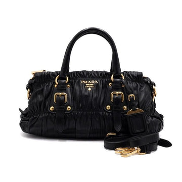 PRADA ブラックレザーゴフレ金色ロゴトートバッグ兼ショルダーバッグ 1407 158716434 [P]