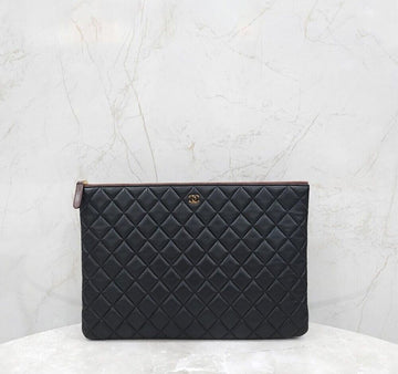 CHANEL Klassische Lammleder Clutch Tasche Groß Schwarz Gold A82552 153855797 [P]