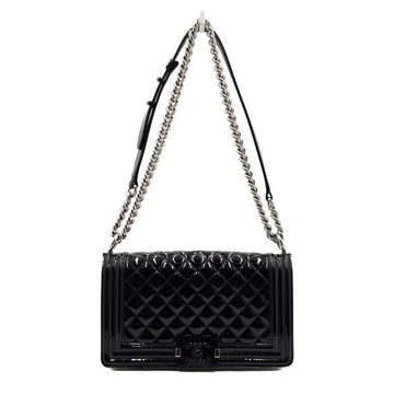 CHANEL Boy Black Lack Mittel Flap Schultertasche mit Silberkette A67086 158757566 [P]
