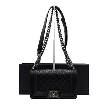 CHANEL Schwarze Lammleder Boy Small Schultertasche mit Silberkette A67085 157312248 [P]