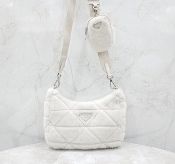 PRADA Dreieck-Logo Weiß Shearling Schulter Crossbody Bag 1BC151 152877042 [P]