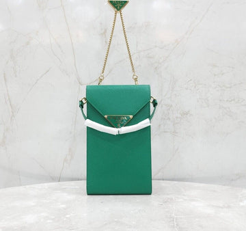 Prada New Triangle Logo Green Phone Pouch Leather Mini Chain Bag 154662268 [P]