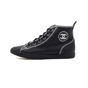 CHANEL Black Leather White Stitch High-Top Sneakers G26552 158874897 [P]