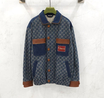 GUCCI Washed Organic Denim Jacke mit braunen Lederdetails 6963 154662210 [P]
