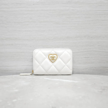CHANEL Heart Logo Coin Purse Card Wallet Lambskin White AP3294 157350163 [P]