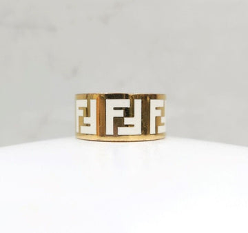 Fendi ff FF Forever Gold White Wide Band Ring M 147196681 [P]