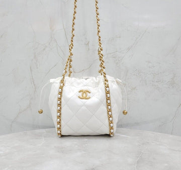 CHANEL Kordelzug Bucket Chain Schultertasche mit Innenchip Weiß Gold 155633996 [P]