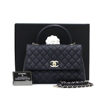 CHANEL Caviar Coco Handle 28 Medium Tote Bag Dark Navy with Champagne Gold Chain 12345 159019903 [P]