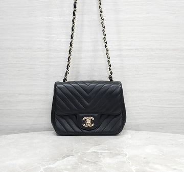 CHANEL Chevron Petite Sac Mini Flap Bag Cross Black Gold 24 156463980 [P]