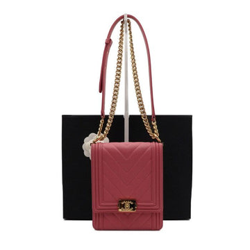 CHANEL ピンク レザー 長方形 ボーイ ノースサウス シェブロン ゴールド CCロゴ チェーン ショルダーバッグ クロスバッグ AS0130 159088225 [P]