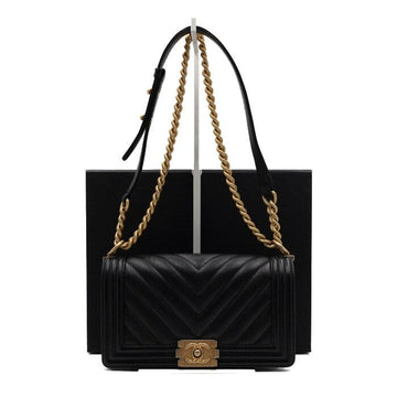 CHANEL Boy Black Caviar Chevron Medium Flap Gold Chain Shoulder Bag Crossbody A67086 159088233 [P]