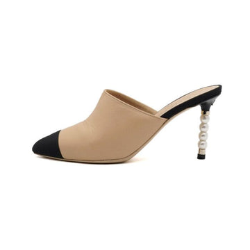 CHANEL G35540 Beige Schwarz Zweiton Perlen Absatz Sandalen 159093702 [P]