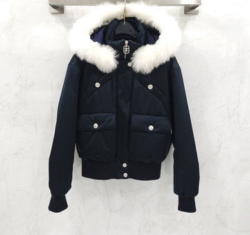 CHANEL Hooded Fur Silk Blouson Padding P74334 152654524 [P]