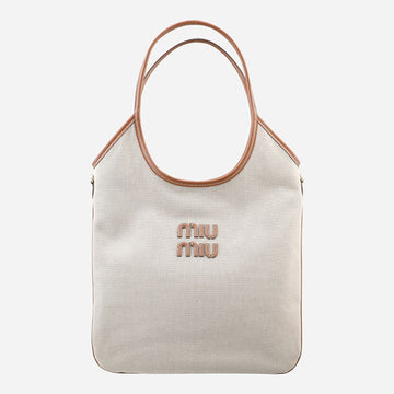 MIU MIU アイビーカンバスレザートートバッグ ベージュ 5BG231 ACRN F062F 159107931 [P]