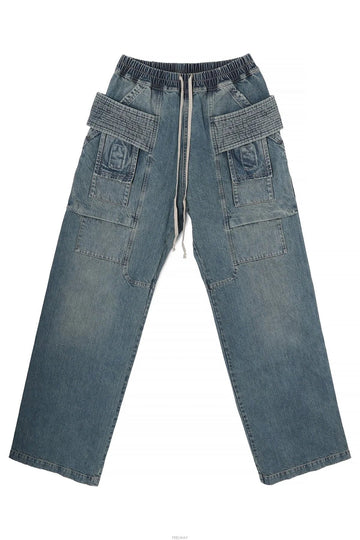 RICK OWENS ワイドカーゴパンツディストレスドウォッシュドインディゴDU01F4394DWB06 158394988 [P]