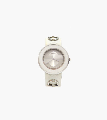 GUCCI Weißes Leder 129.4 Silber Uhr 12029 146383533 [P]