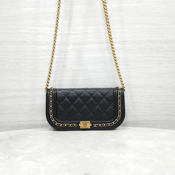 CHANEL Boy WOC Phone Holder Chain Crossbody Bag Caviar Black Gold 158039069 [P]