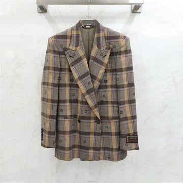 Gucci Embroidered Pattern Brown Check Double-Breasted Jacket 810161 159490448 [P]