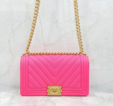 CHANEL Pink Chevron Caviar Boy Bag Medium Gold Hardware New Interior Chip A67086 150501062 [P]