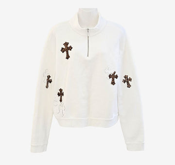 CHROME HEARTS Leopard-Cross-Leder-Patch-Half-Zip-Sweatshirt S Weiß 4EWZDAWD 158163918 [P]