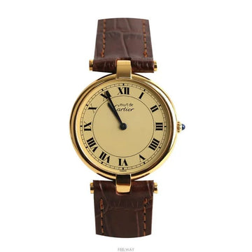 Cartier Must de Round Pin Buckle Brown Leather Band 30MM Original Dial 7227103013 75684036 [P]