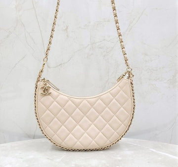 CHANEL New Moon Hobo Bag Small Ecru Champagne Gold with New Internal Chip AS3917 144755519 [P]